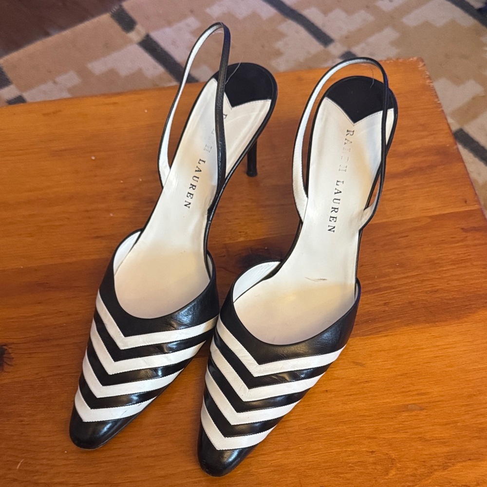 Ralph Lauren Black and White Chevron Slingback Heels